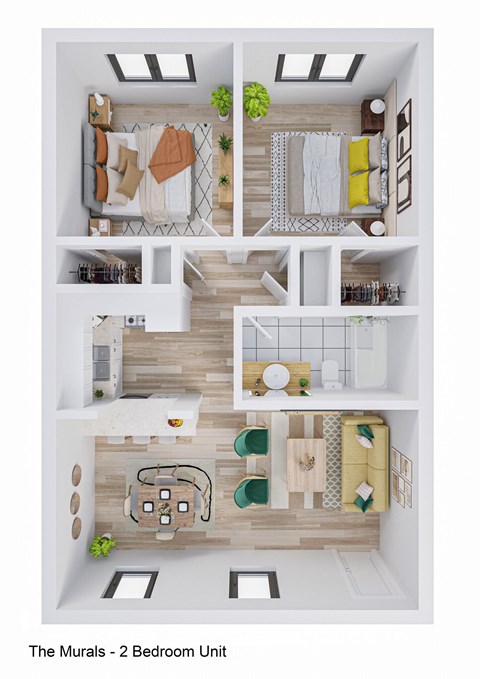 Floor plan for 2 beds, 1 bath, 765 sqft